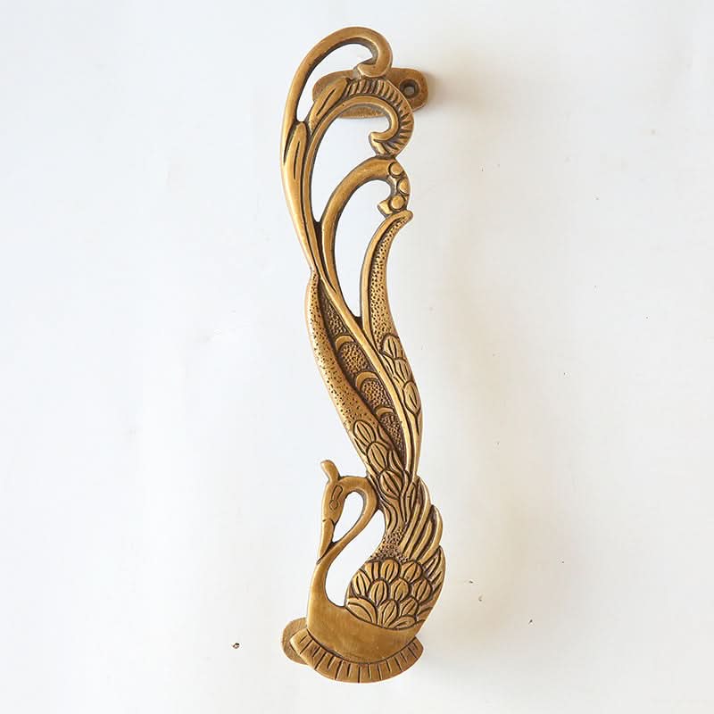 Antique brass double door handle with elegant swan design. Handmade home decor.